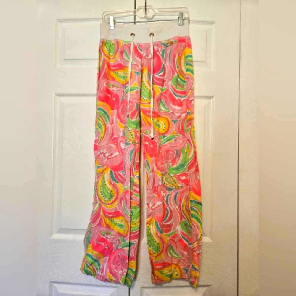 Lilly Pulitzer The Beach Pant Linen Pink Flamingo Print Wide Leg Size S